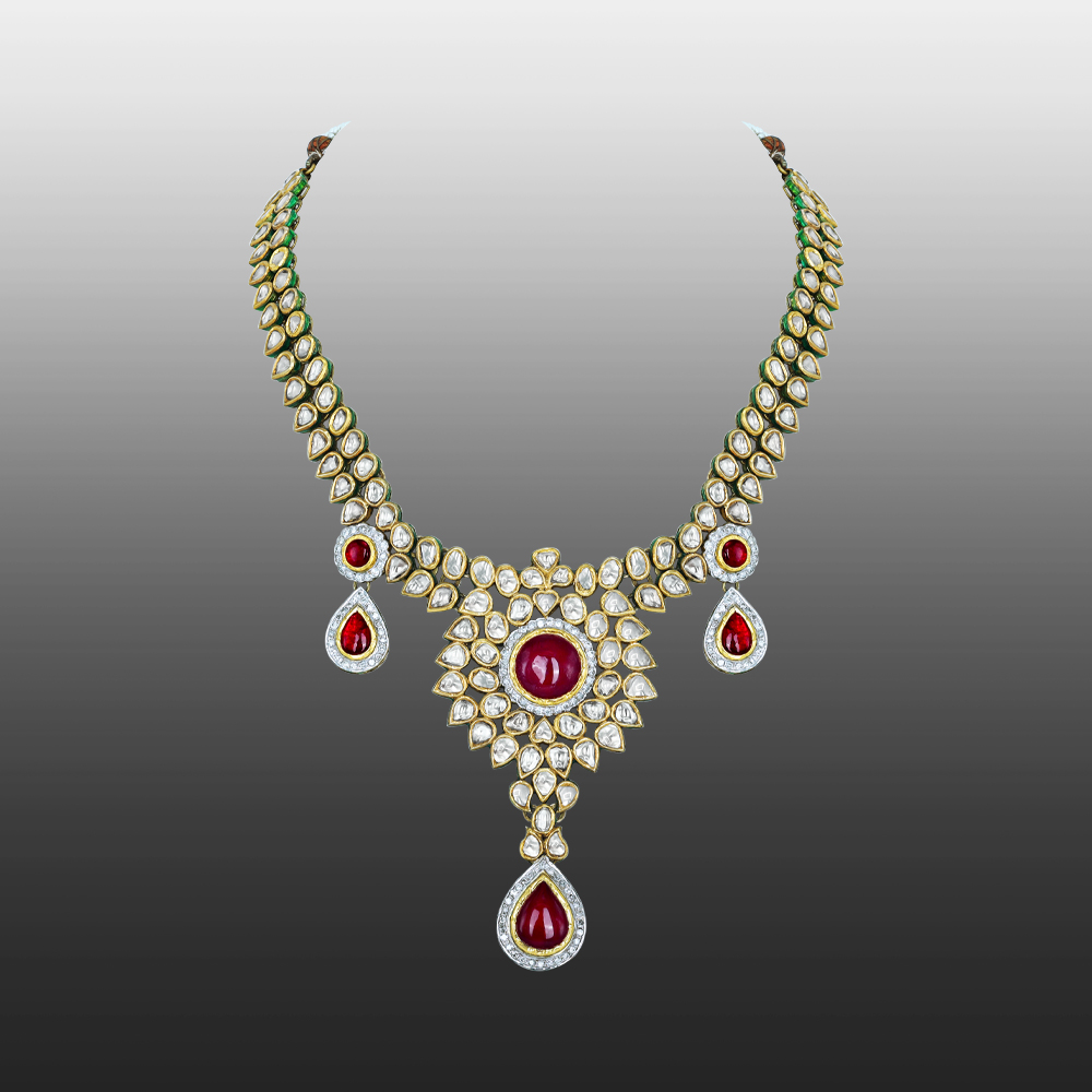 Rhodolite Cabochon Necklace with Polki Diamonds and Teardrops